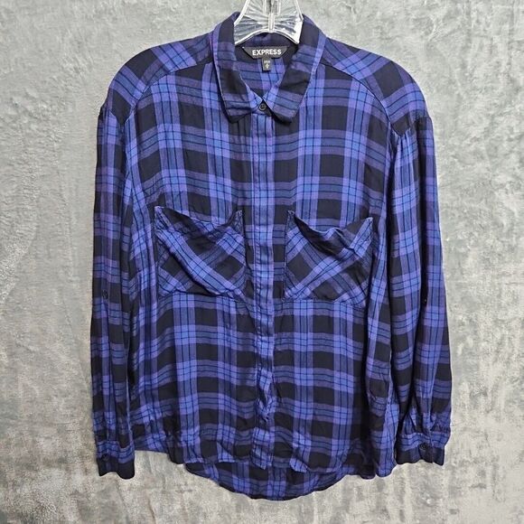 Express Tops - Express Women's Sz Med Purple Plaid Shirt tunic rayon soft